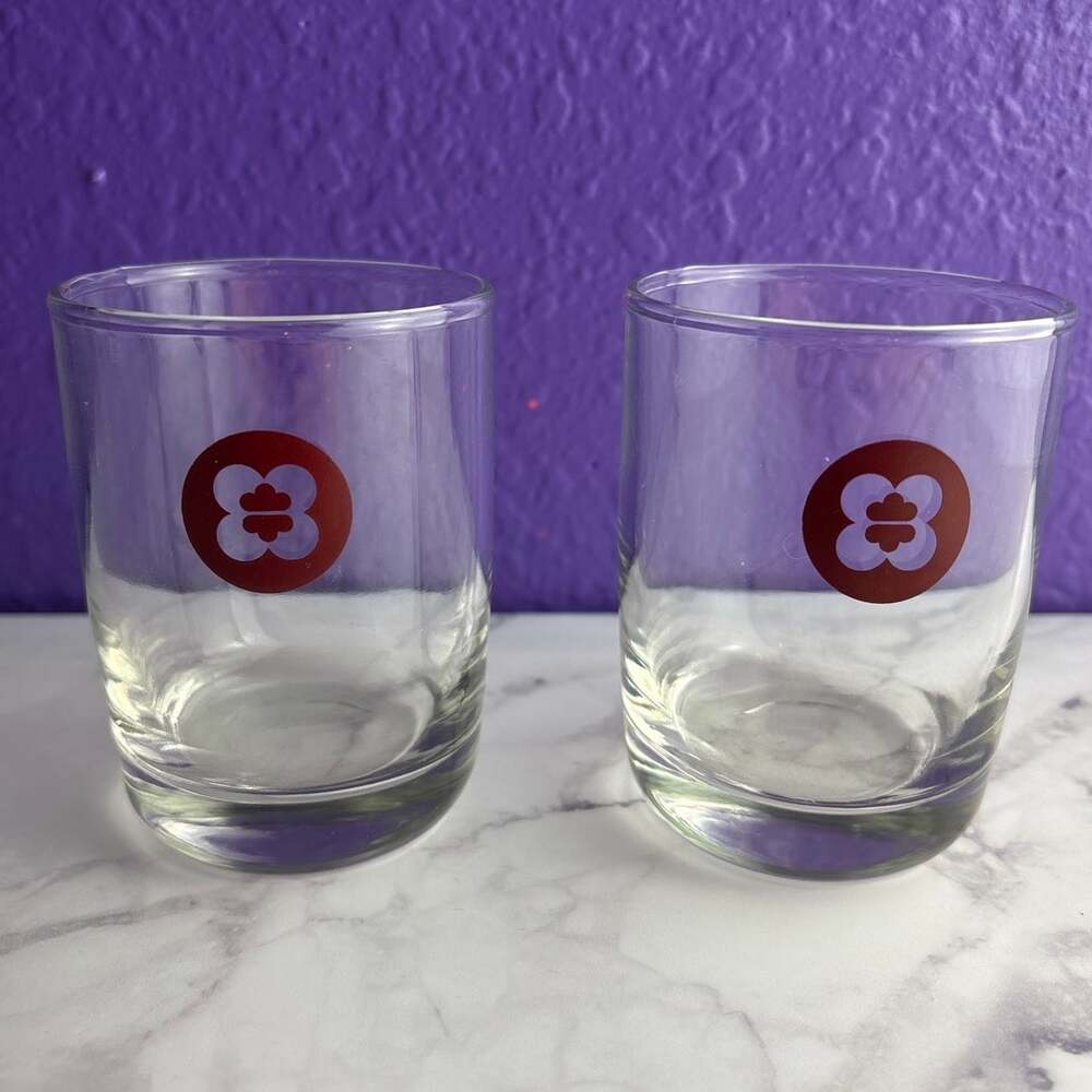 Vintage Hyatt Hotel Lowball Juice Glasses Brown Crescent Flower Logo Set of 2